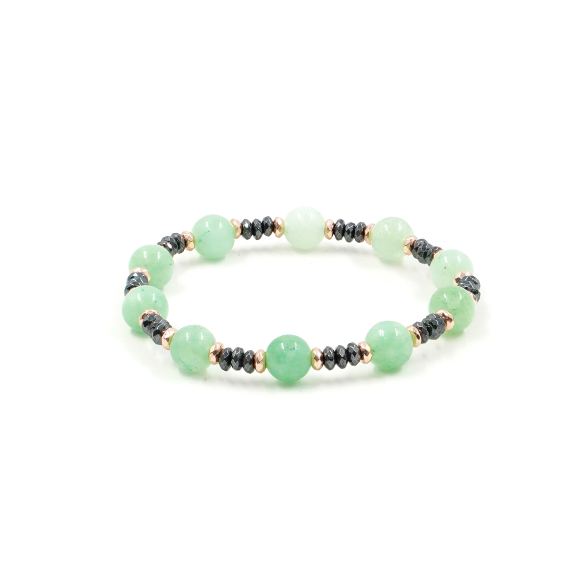 Elastic bracelet with green dyed quartz, hematite