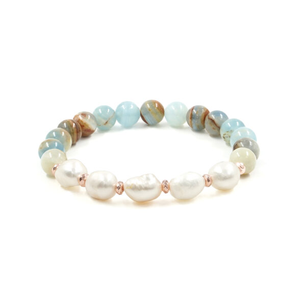 Bracciale Elastico calcite blu, perla d'acqua dolce, ematite