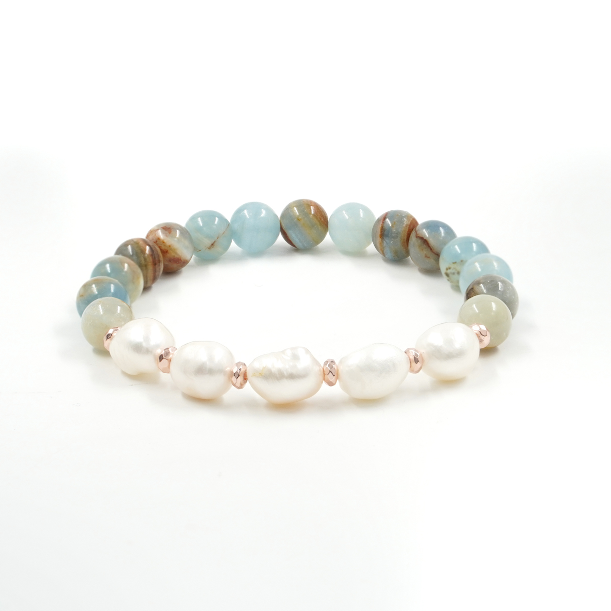 Elastic bracelet with blue calcite, freshwater pearl size, hematite