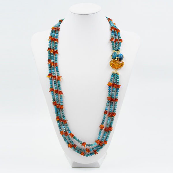 Collana Multifilo con apatite, ambra, centrale montato con ambra e apatite e chiusura in argento - Dorato