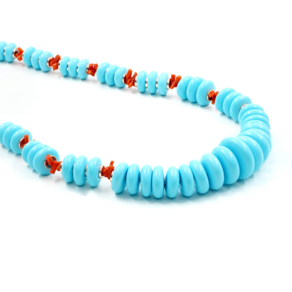 Necklace with gradation recon turquoise washer shape with orange coral, hematite, sterling silver clasp – Rose Color