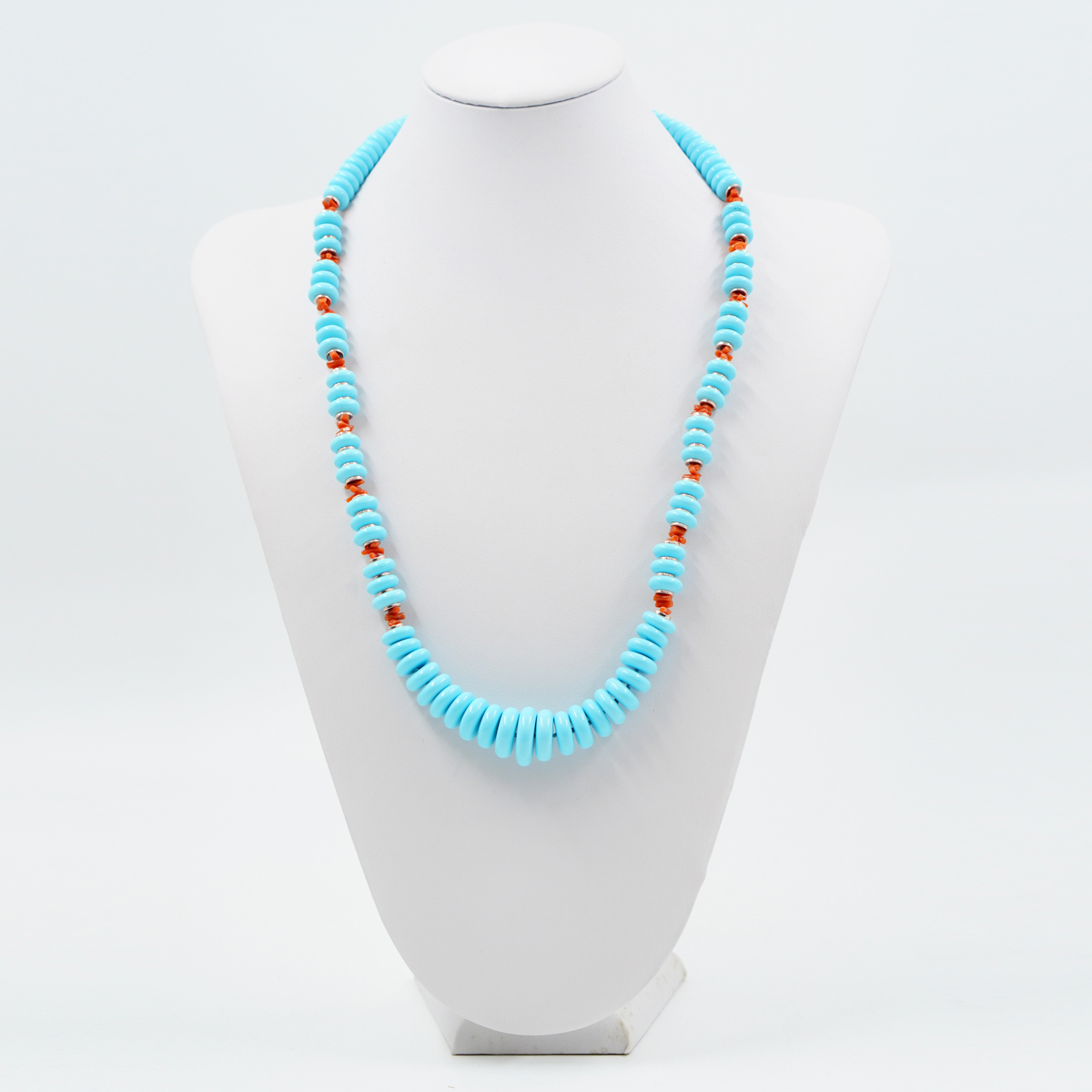 Collana con rondelle a gradazione in pasta di turchese con corallo arancio, ematite, chiusura in argento – Rosè - immagine 2