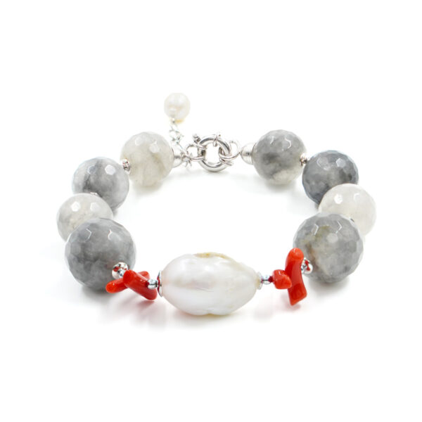 Bracelet with cloudy quartz, coral, baroque pearl, hematite, sterling silver clasp – Rhodium Color