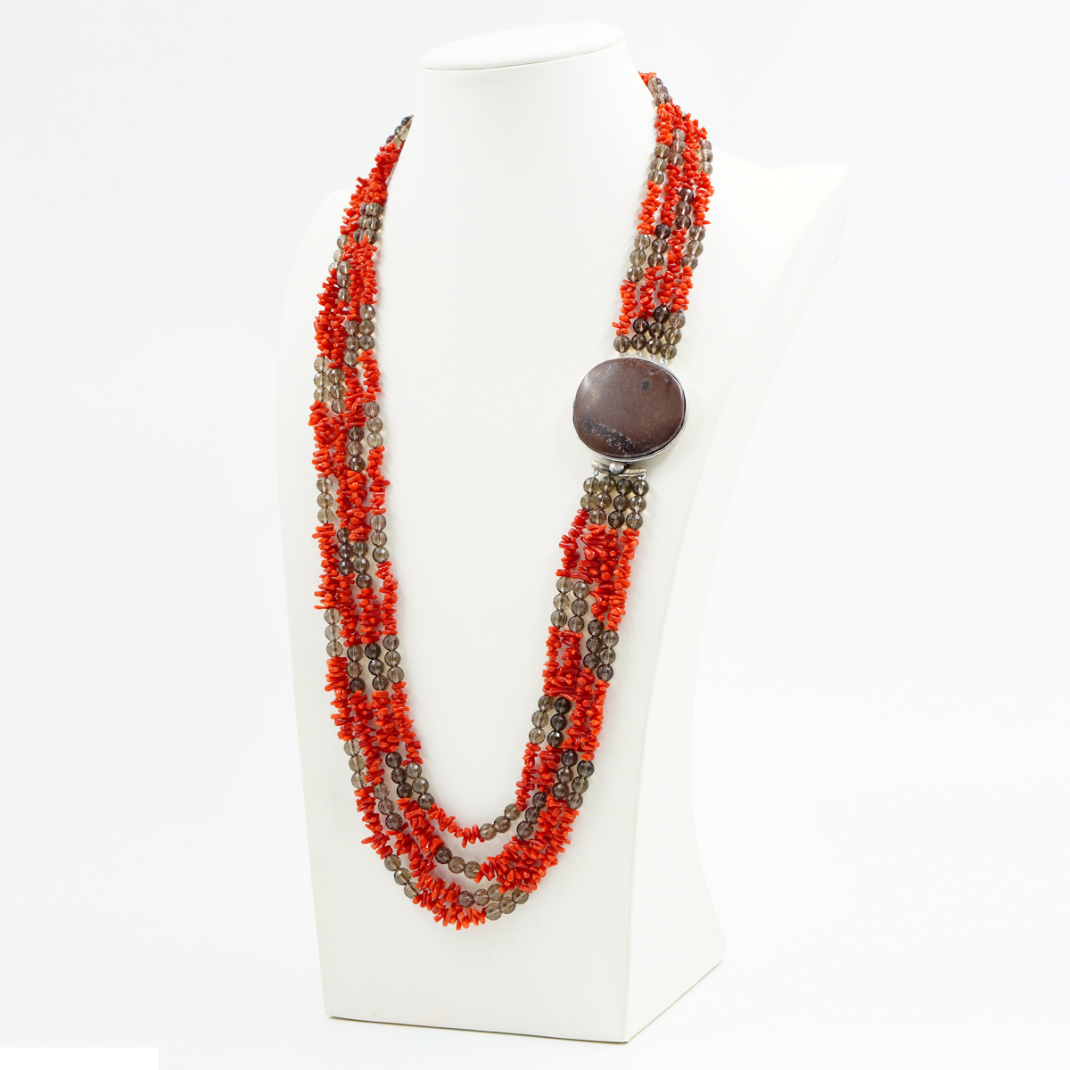 Collana con quarzo fume', corallo, chiusura con diaspro in argento - Rodiato