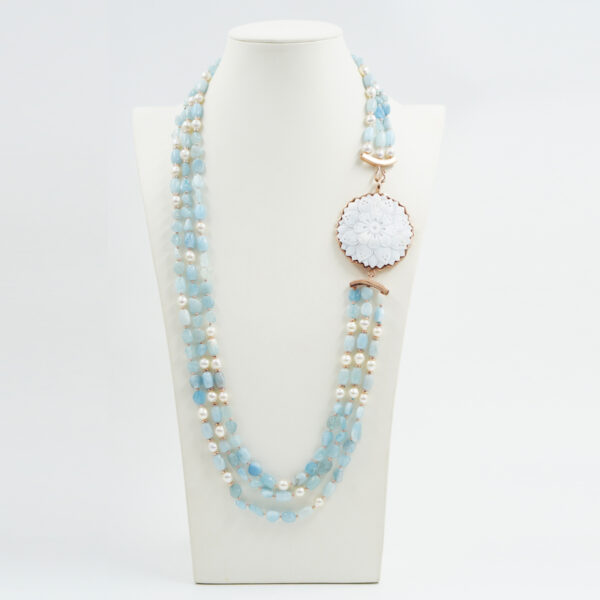 Necklace with aquamarine, pearl, hematite, sterling silver clasp with shell cameo – Rose Color
