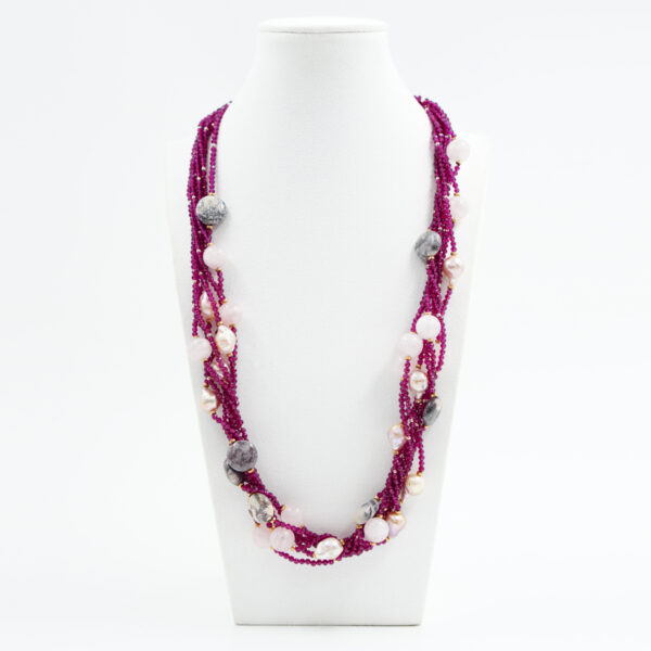 Necklace with rubellite, jasper, pink quartz, pearl, sterling silver clasp – Rose Color