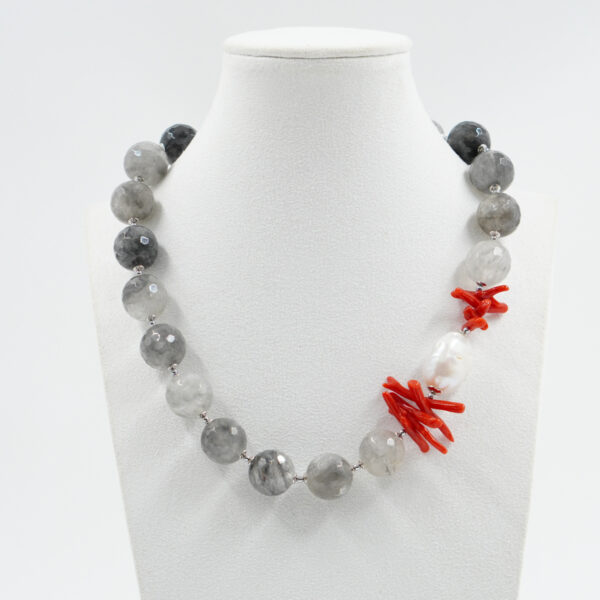 Necklace with cloudy quartz, coral, baroque pearl, hematite, sterling silver clasp – Rhodium Color
