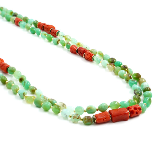 Necklace with chrysoprase, coral, hematite, sterling silver clasp - Golden Color