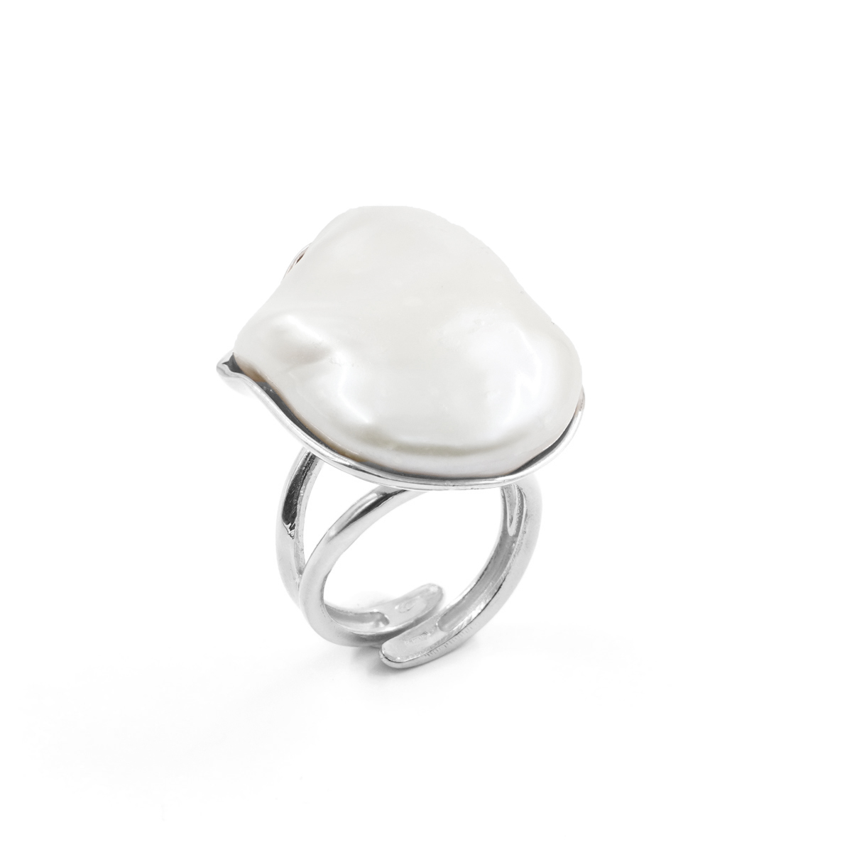 Anello in argento con perla barocca piatta - Rodiato - immagine 2