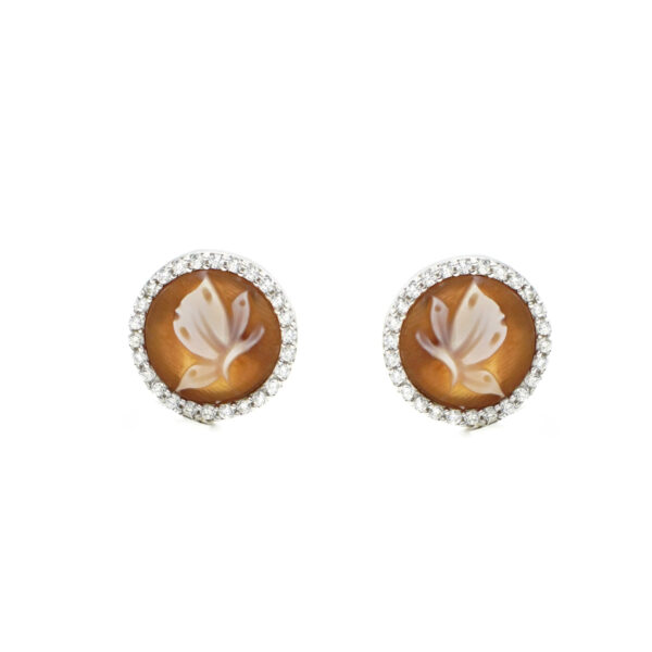 Sterling Silver Earrings with shell cameo round shape size 12mm with engraved butterfly and white zircons – Rhodium Color