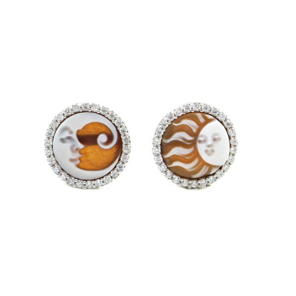 Sterling Silver Earrings with shell cameo round shape size 12mm with engraved Sun and Moon and white zircons – Rhodium Color