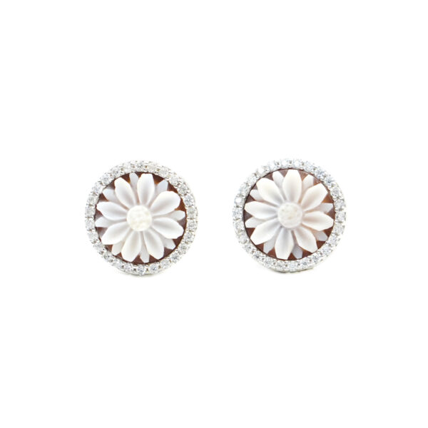 Sterling Silver Earrings with shell cameo round shape size 12mm with engraved flower and white zircons – Rhodium Color