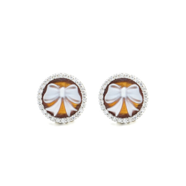 Sterling Silver Earrings with shell cameo round shape size 12mm with engraved ribbon and white zircons – Rhodium Color