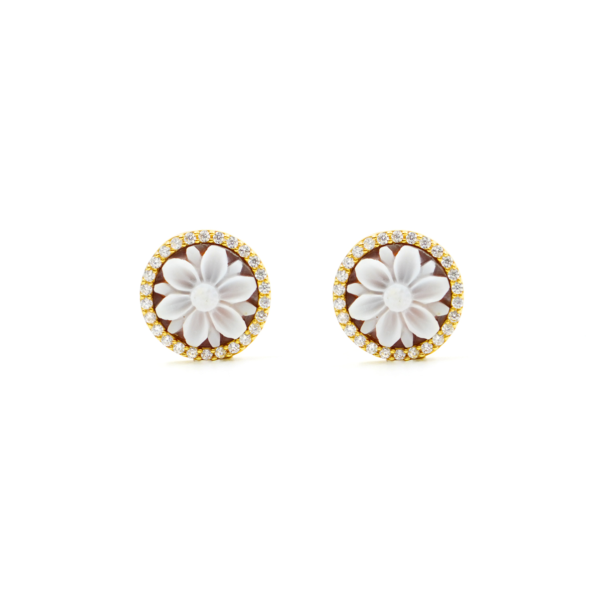 Orecchini in Argento cammeo tondo 12mm con fiore e zirconi bianchi – Dorato
