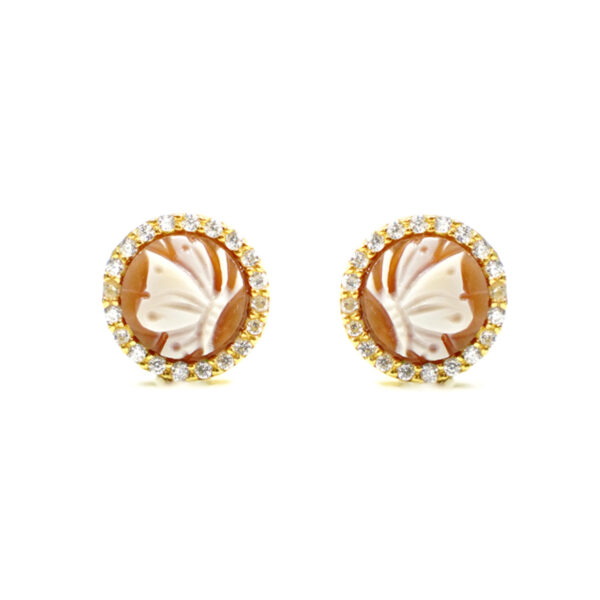 Sterling Silver Earrings with shell cameo round shape size 12mm with engraved butterfly and white zircons – Golden Color