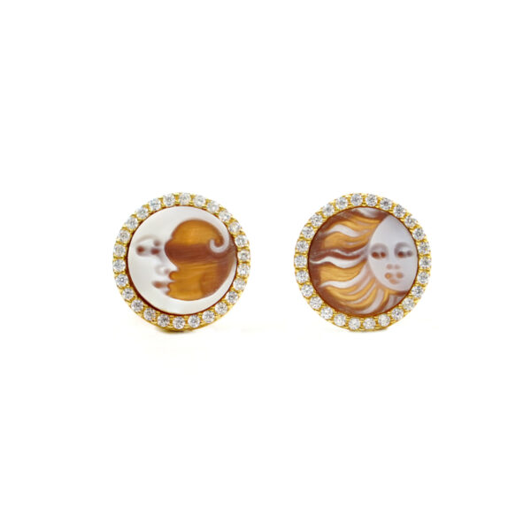 Sterling Silver Earrings with shell cameo round shape size 12mm with engraved Sun and Moon and white zircons – Golden Color