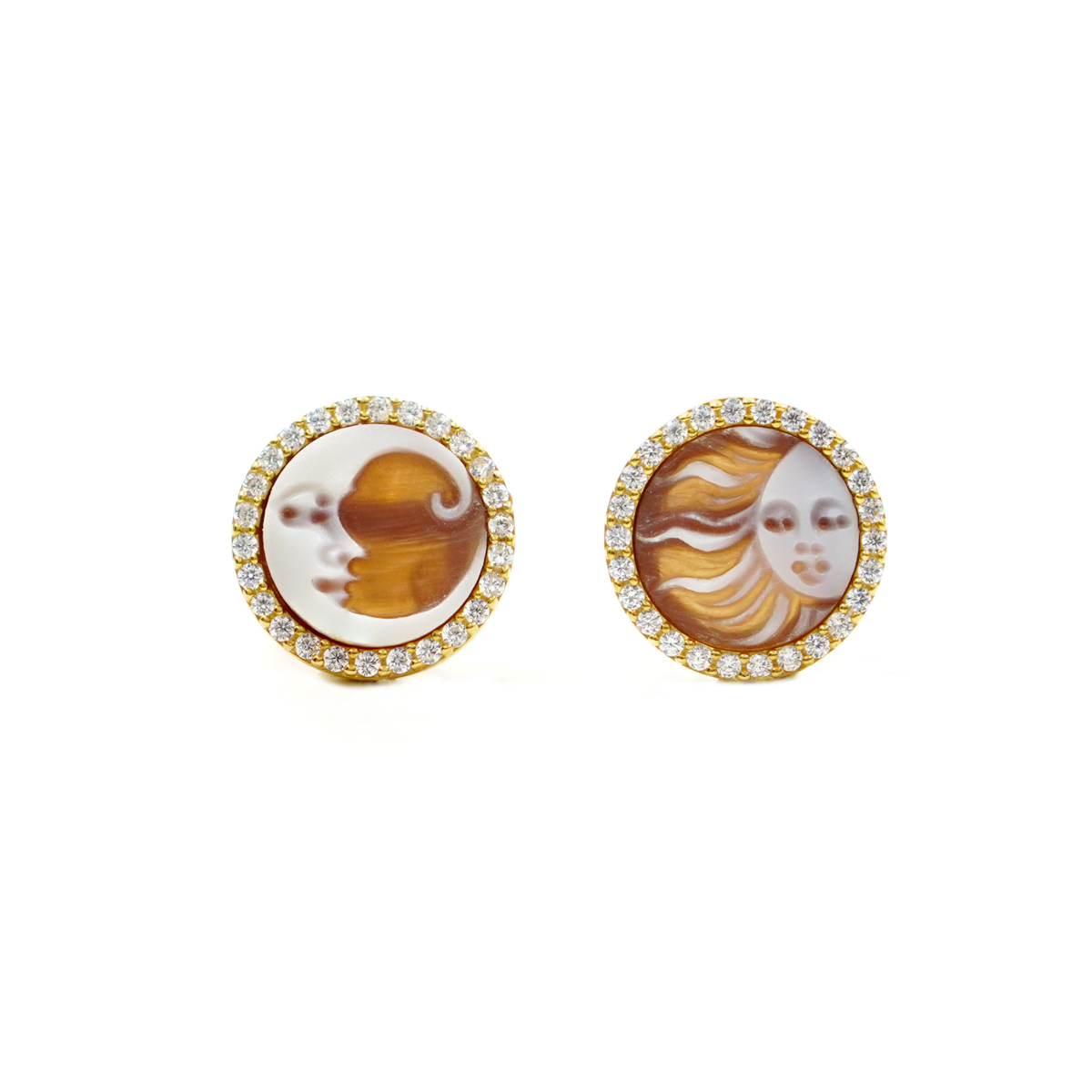 Orecchini in Argento cammeo tondo 12mm con Sole e Luna e zirconi bianchi – Dorato