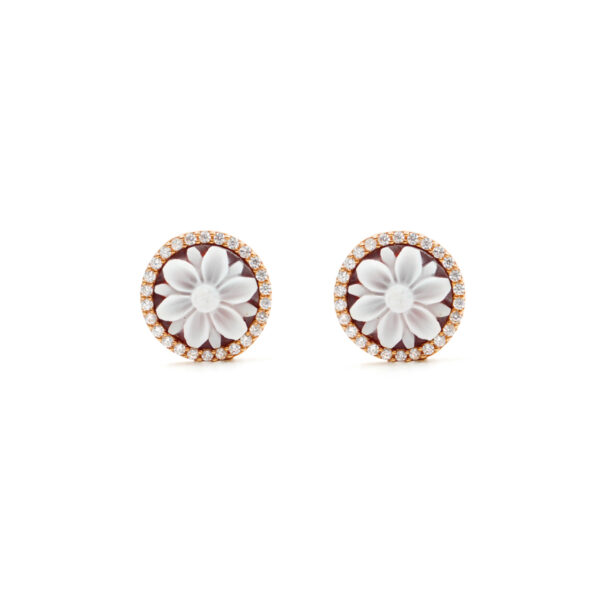 Sterling Silver Earrings with shell cameo round shape size 12mm with engraved flower and white zircons – Rose Color