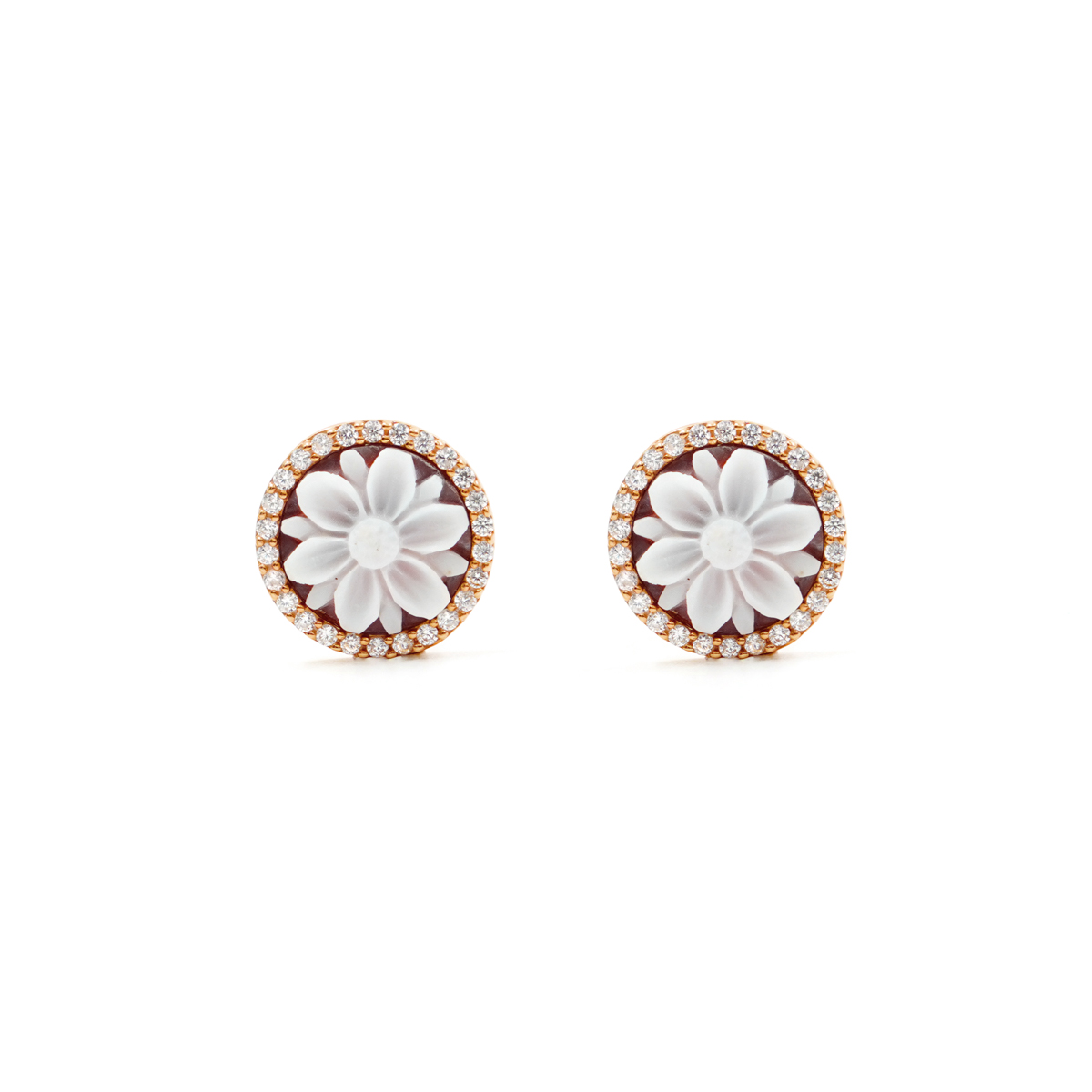 Orecchini in Argento cammeo tondo 12mm con fiore e zirconi bianchi – Rose'