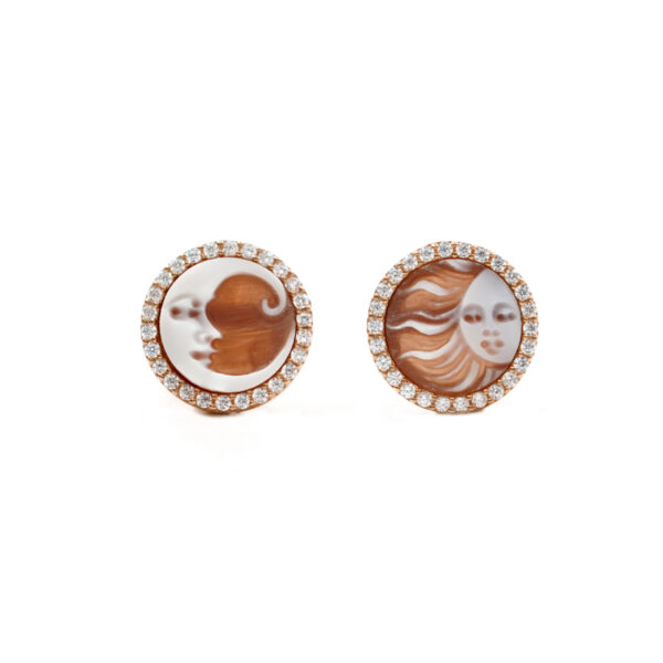 Sterling Silver Earrings with shell cameo round shape size 12mm with engraved Sun and Moon and white zircons – Rose Color
