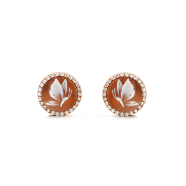 Sterling Silver Earrings with shell cameo round shape size 12mm with engraved butterfly and white zircons – Rose Color