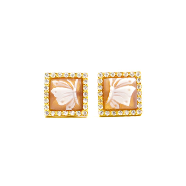 Sterling Silver Earrings with shell cameo square shape 8mm with engraved butterfly and white zircons – Golden Color