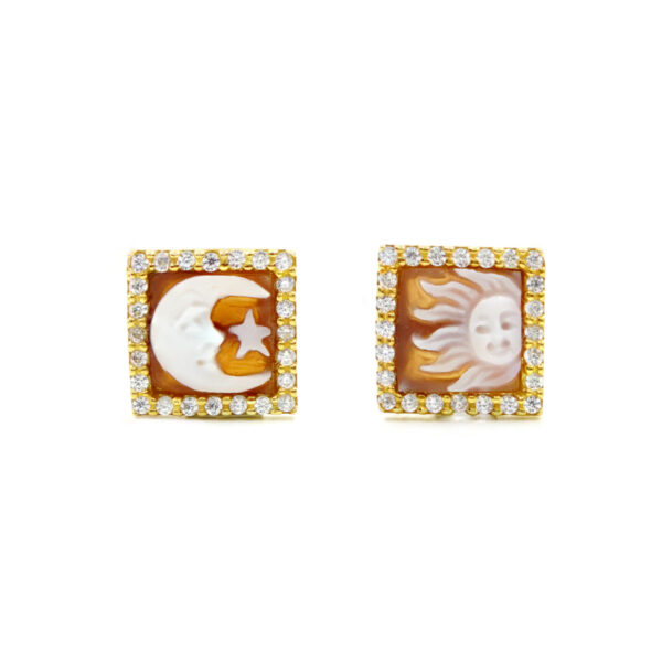 Sterling Silver Earrings with shell cameo square shape 8mm with engraved Sun and Moon and white zircons – Golden Color