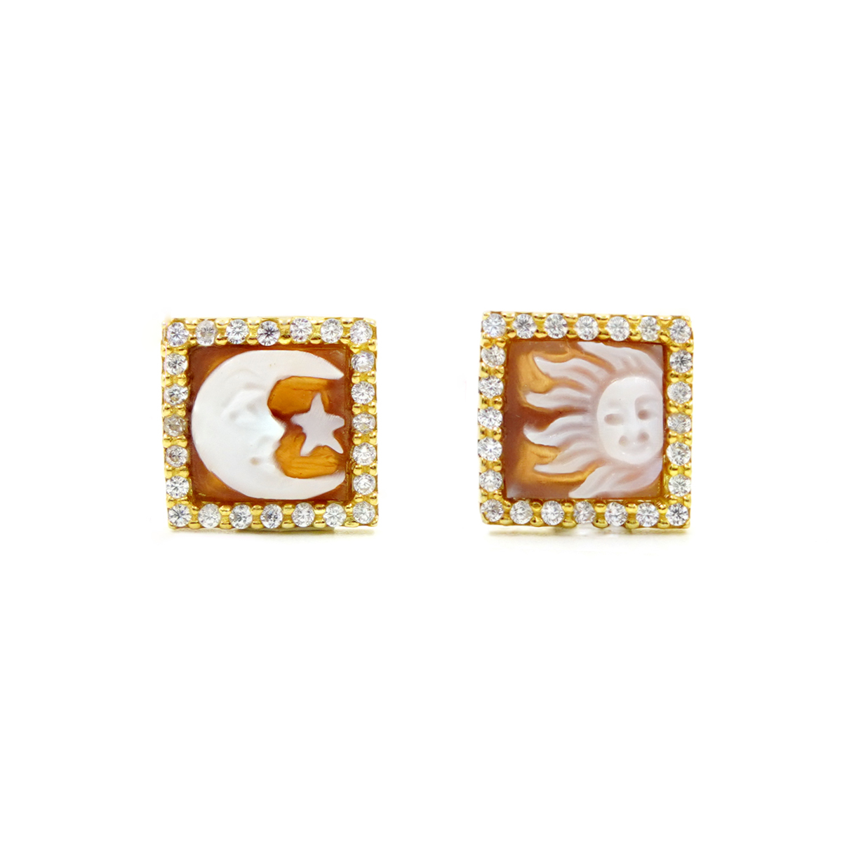Orecchini in Argento cammeo quadrato 8mm con Sole e Luna e zirconi bianchi – Dorato