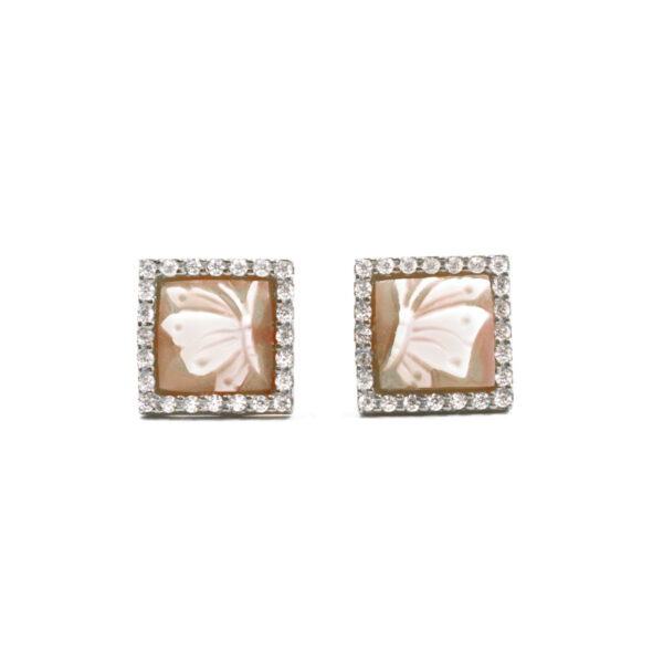Sterling Silver Earrings with shell cameo square shape 8mm with engraved butterfly and white zircons – Rhodium Color