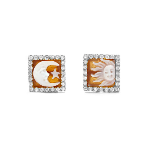 Sterling Silver Earrings with shell cameo square shape 8mm with engraved Sun and Moon and white zircons – Rhodium Color