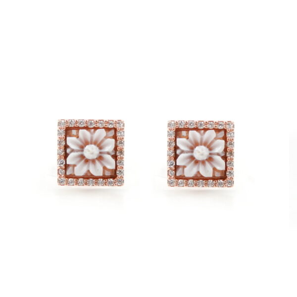 Sterling Silver Earrings with shell cameo square shape 8mm with engraved flower and white zircons – Rose Color