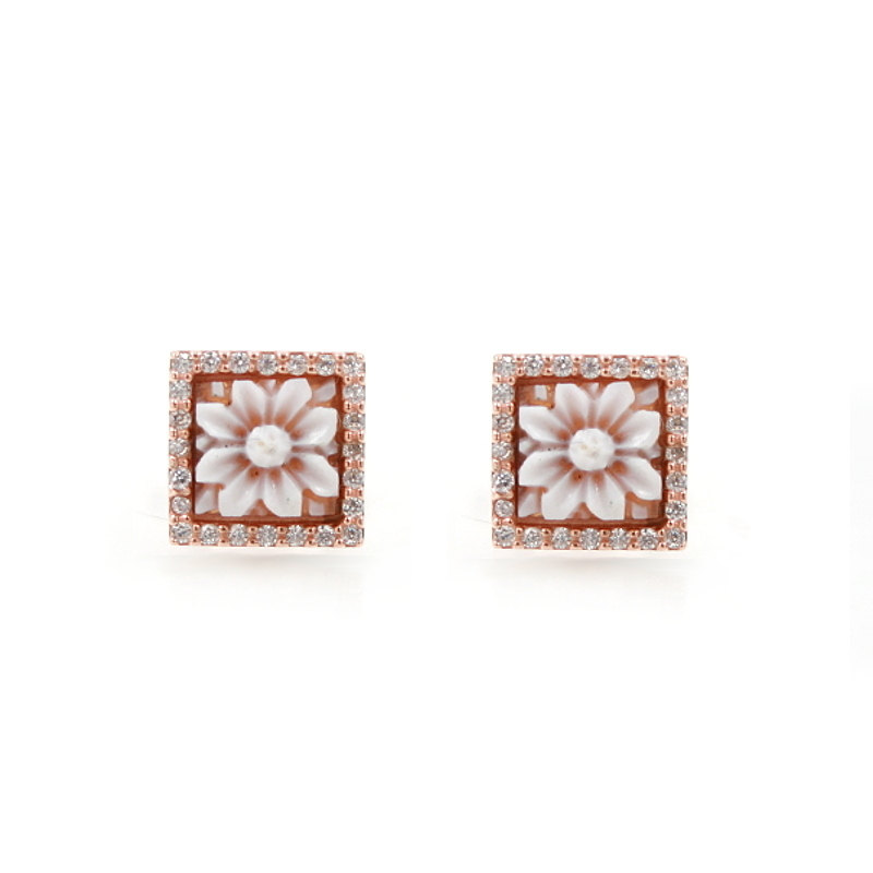 Orecchini in Argento cammeo quadrato 8mm con fiore e zirconi bianchi – Rose'