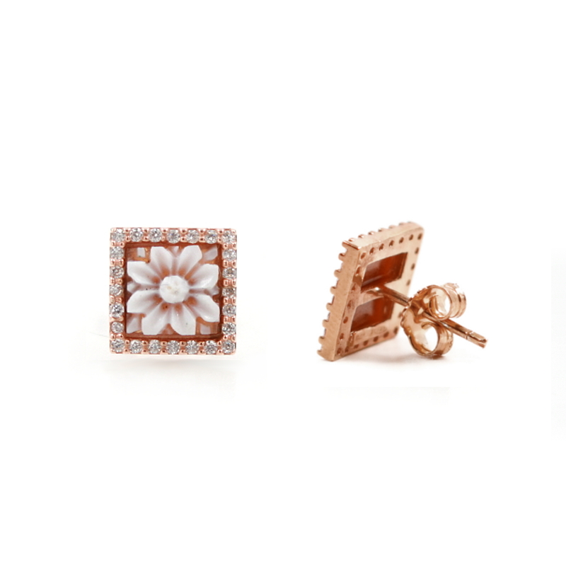 Orecchini in Argento cammeo quadrato 8mm con fiore e zirconi bianchi – Rose' - immagine 2