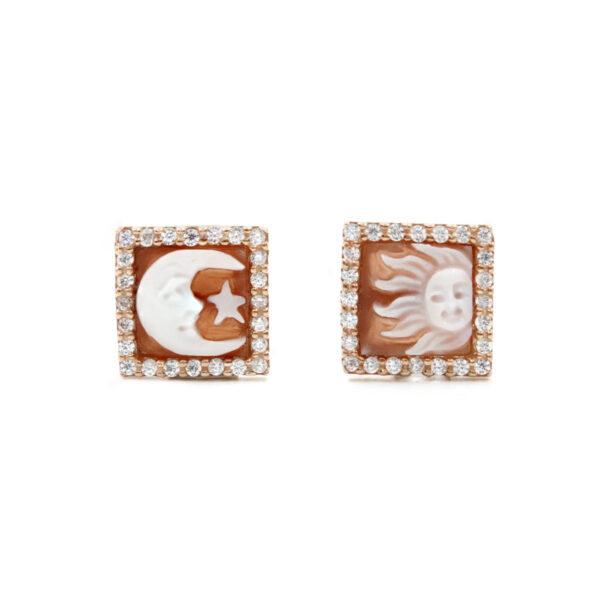 Sterling Silver Earrings with shell cameo square shape 8mm with engraved Sun and Moon and white zircons – Rose Color