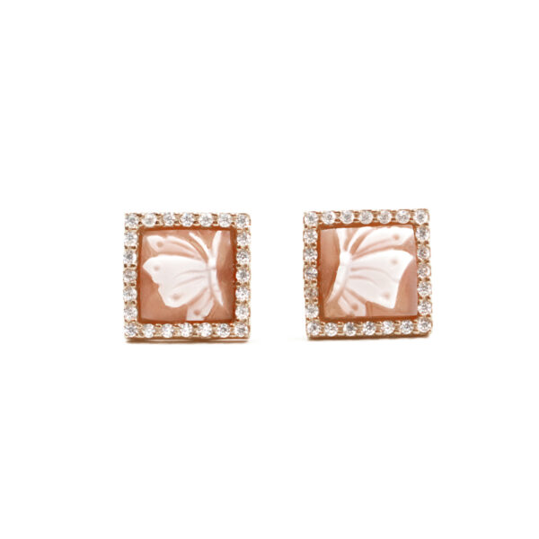 Sterling Silver Earrings with shell cameo square shape 8mm with engraved butterfly and white zircons – Rose Color