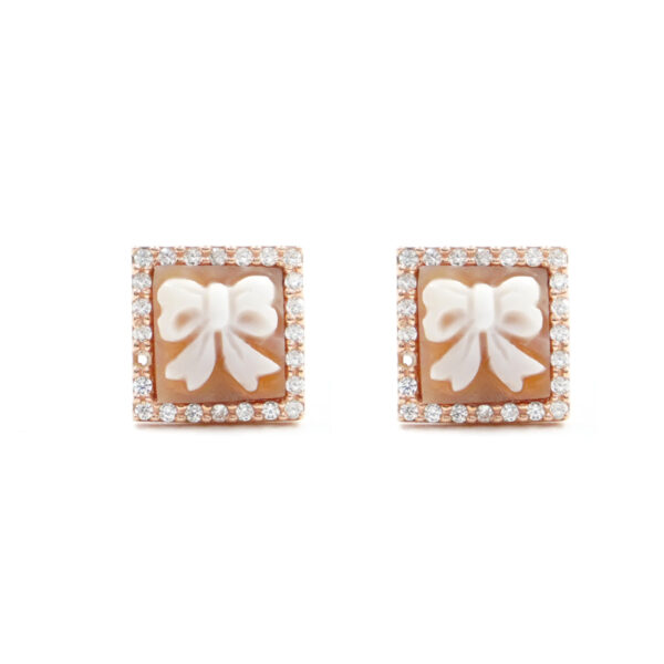 Sterling Silver Earrings with shell cameo square shape 8mm with engraved ribbon and white zircons – Rose Color