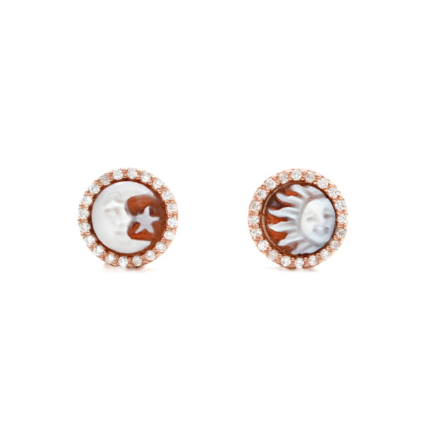 Sterling Silver Earrings with shell cameo round shape size 8mm with engraved Sun and Moon and white zircons – Rose Color