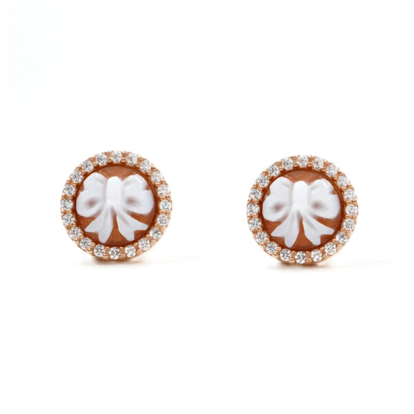 Sterling Silver Earrings with shell cameo round shape size 8mm with engraved ribbon and white zircons – Rose Color