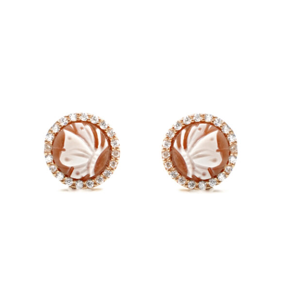 Sterling Silver Earrings with shell cameo round shape size 8mm with engraved butterfly and white zircons – Rose Color