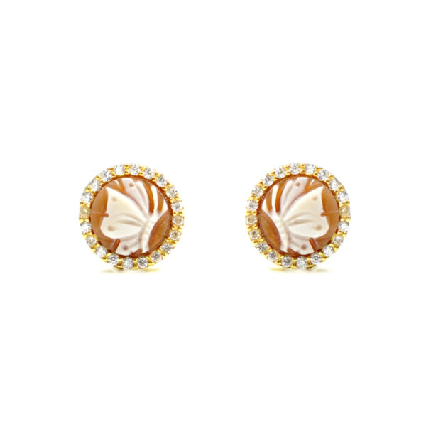 Sterling Silver Earrings with shell cameo round shape size 8mm with engraved butterfly and white zircons – Golden Color