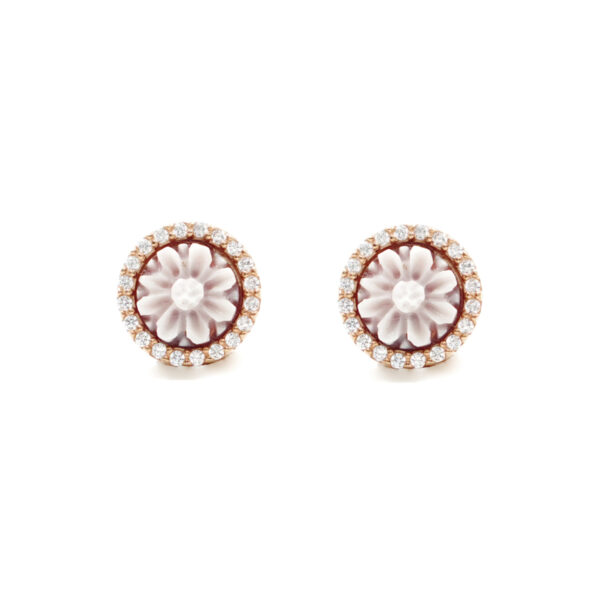 Sterling Silver Earrings with shell cameo round shape size 8mm with engraved ribbon and white zircons – Rose Color