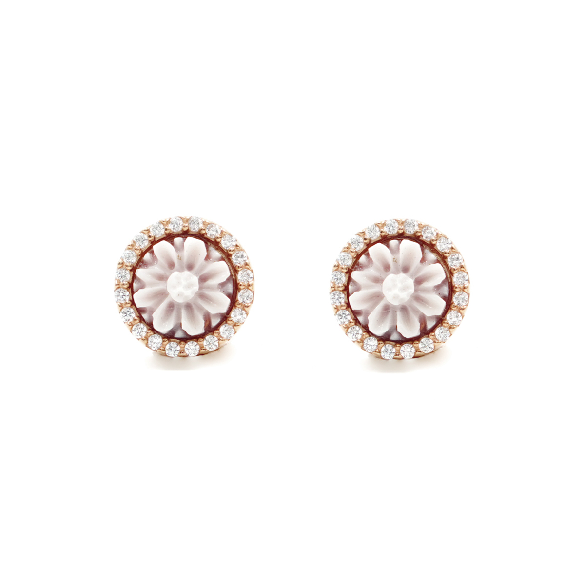 Orecchini in Argento cammeo tondo 8mm con fiocco e zirconi bianchi – Rose'