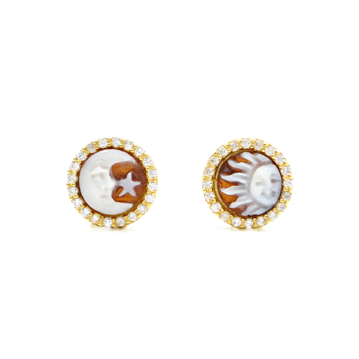Orecchini in Argento cammeo tondo 8mm con Sole e Luna e zirconi bianchi – Dorato