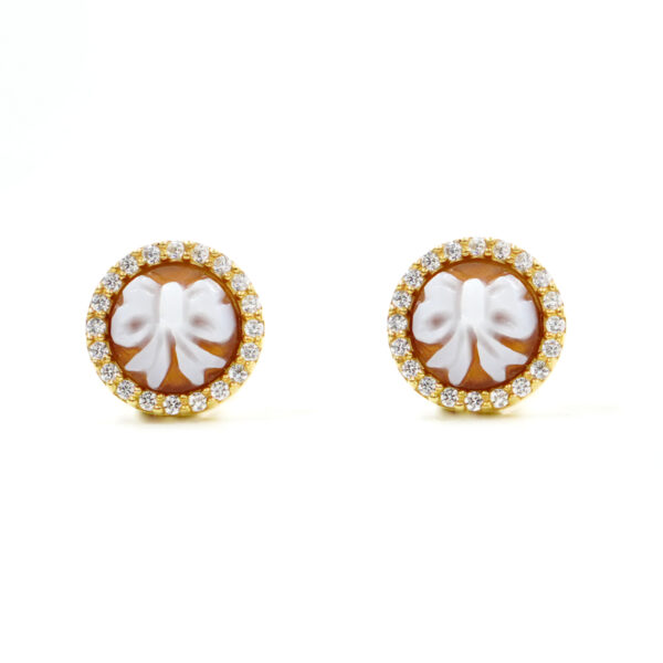 Sterling Silver Earrings with shell cameo round shape size 8mm with engraved ribbon and white zircons – Golden Color