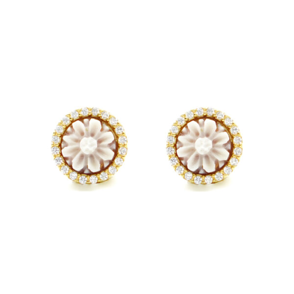 Sterling Silver Earrings with shell cameo round shape size 8mm with engraved flower and white zircons – Golden Color