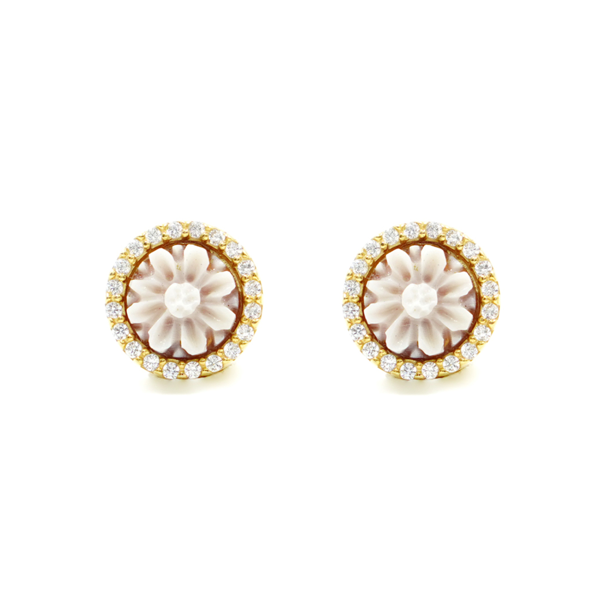 Orecchini in Argento cammeo tondo 8mm con fiore e zirconi bianchi – Dorato