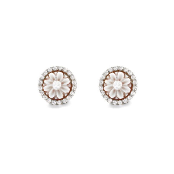 Sterling Silver Earrings with shell cameo round shape size 8mm with engraved flower and white zircons – Rhodium Color