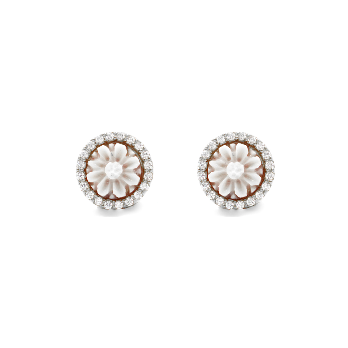 Orecchini in Argento cammeo tondo 8mm con fiore e zirconi bianchi – Rodiato
