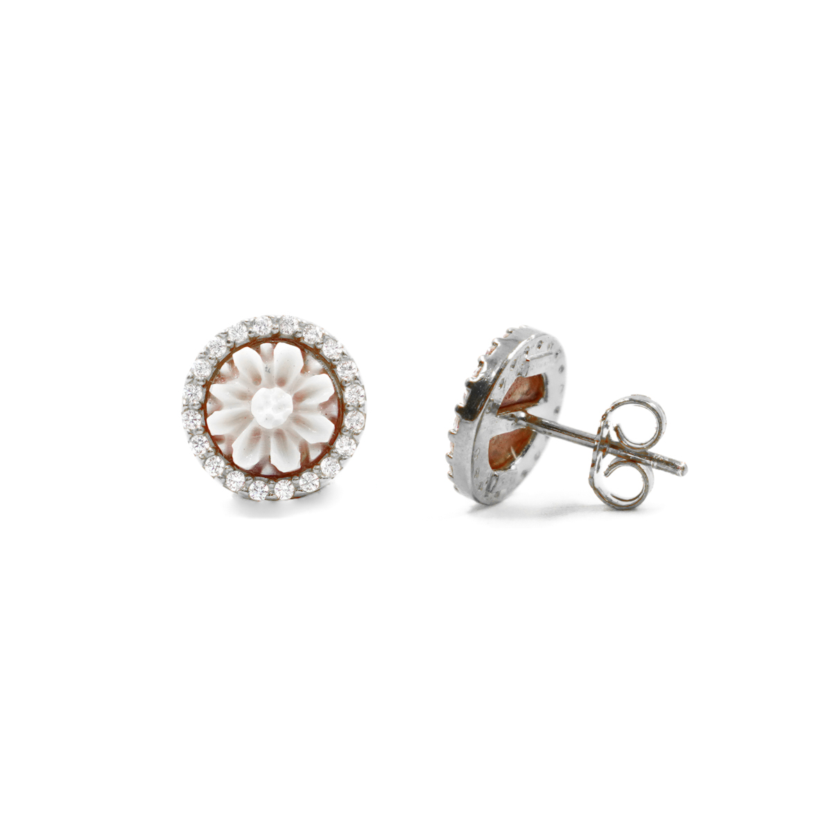 Orecchini in Argento cammeo tondo 8mm con fiore e zirconi bianchi – Rodiato - immagine 2