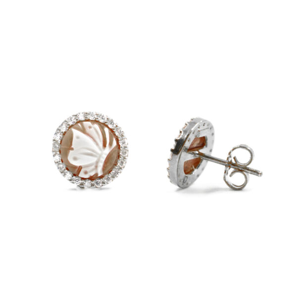 Sterling Silver Earrings with shell cameo round shape size 8mm with engraved butterfly and white zircons – Rhodium Color